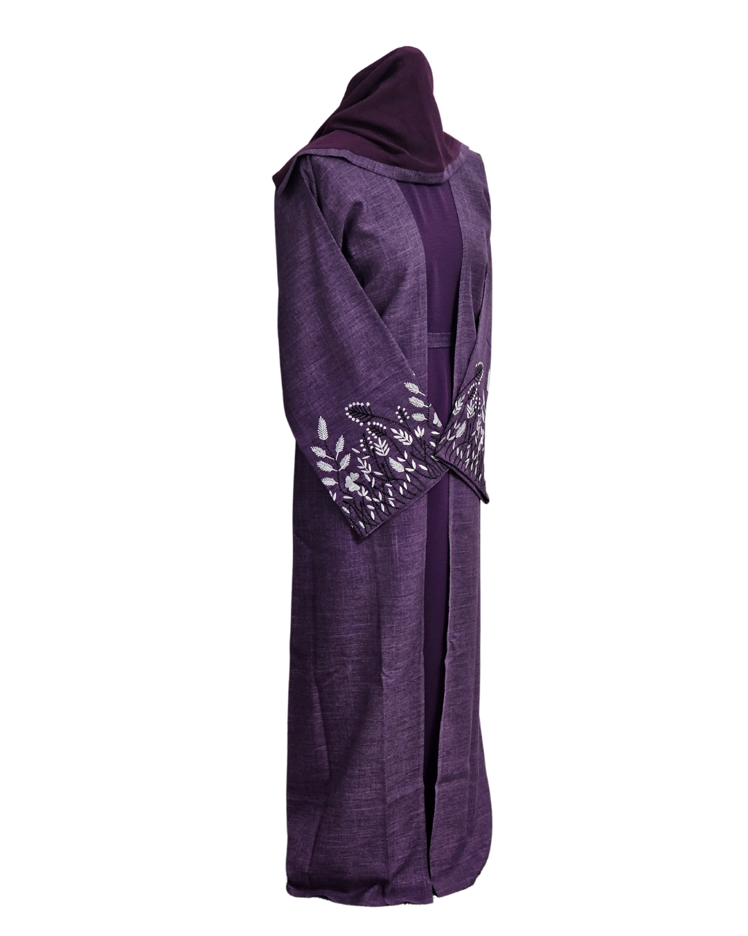 Luxury Abayas Ateeq Abaya. Linen Open Purple Abaya with Embroidered Sleeves - Luxury Abayas Ateeq Abaya in Purple